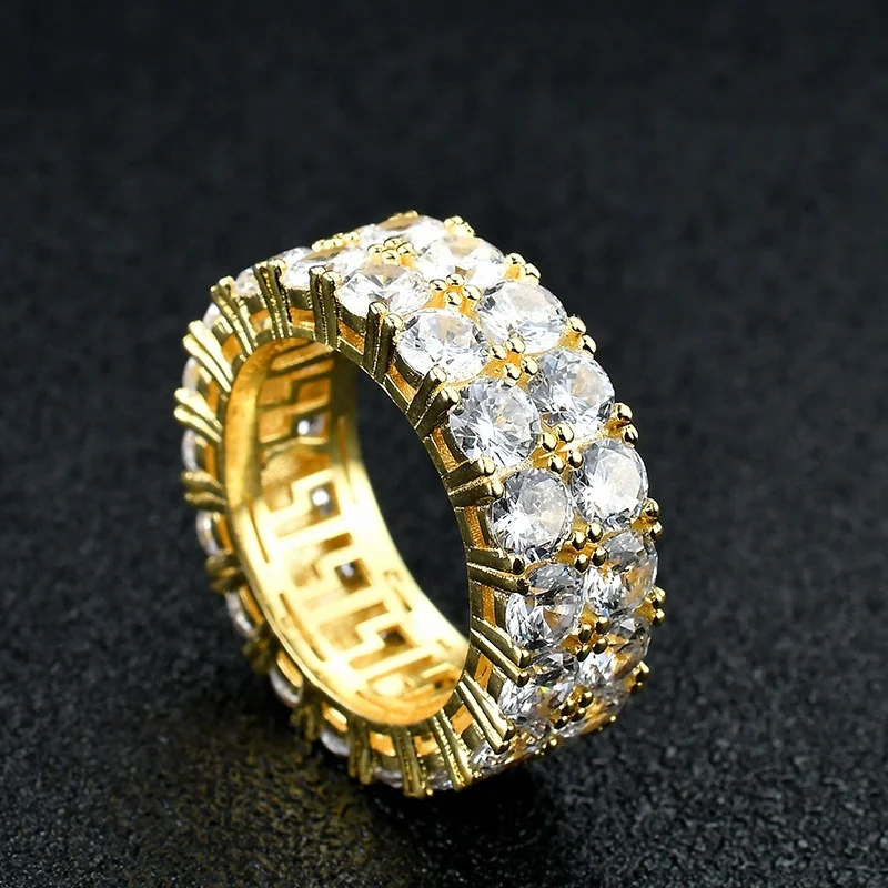 

Newest Hip Hop Designs Brass Copper Gold Plated Micro Paved CZ Ring Zircon Diamond Wedding Ring, Gold;silver