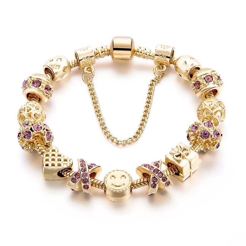 

Best Gifit Charm Bracelet With Purple Austrian Rhinestone Fit Fashion Jewelry, DIY Women Jewelry Gold Bracelet, As photo