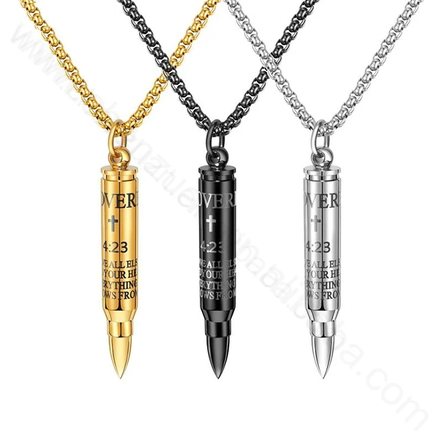 

Men Women Stainless Steel Bullet Pendant Cross Lords Prayer in English Ashes Necklace Religious Christian Jewelry
