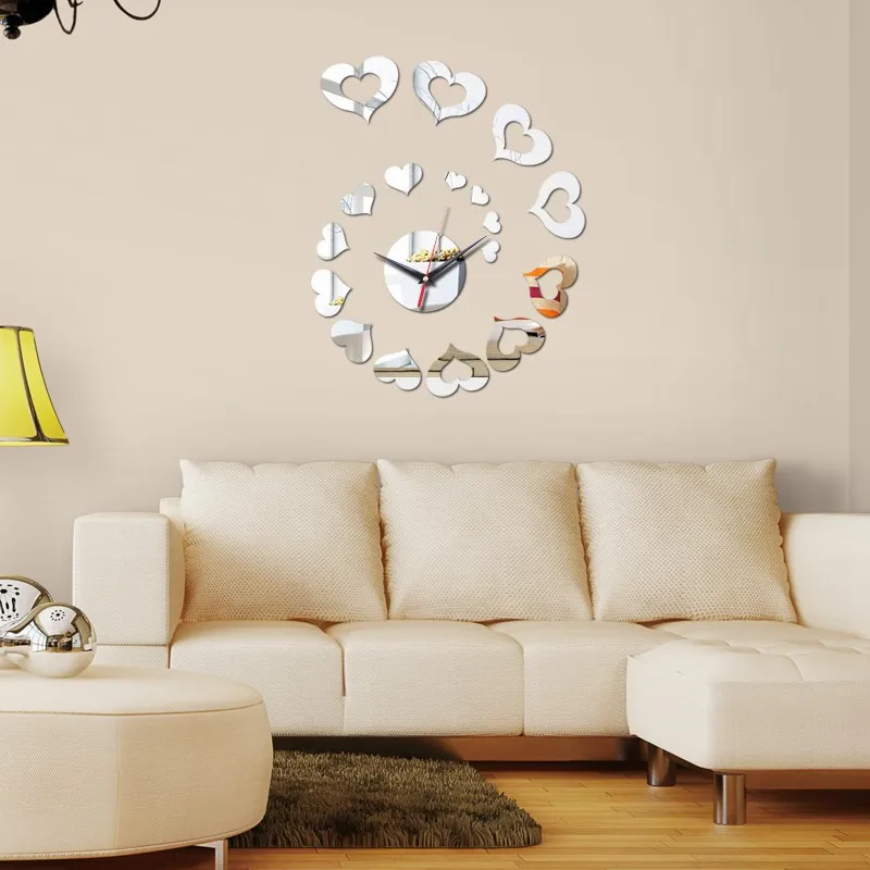 

Wholesale heart shaped 3d acrylic wall stickers home decorative mirror wall clocks
