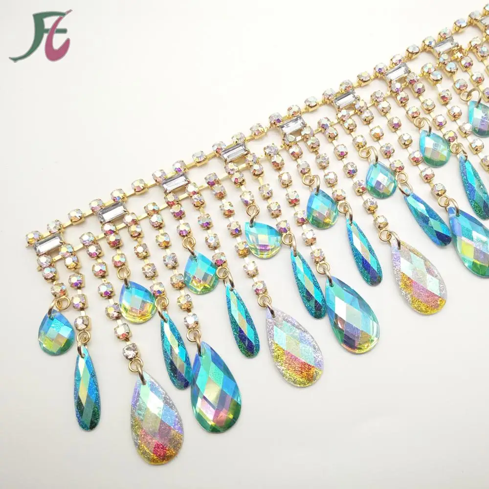 

Gold Plated Blue Glitter Resin Rhinestone Trims DIY Dress Decorations Hanging Teardrop Rhinestone Chain