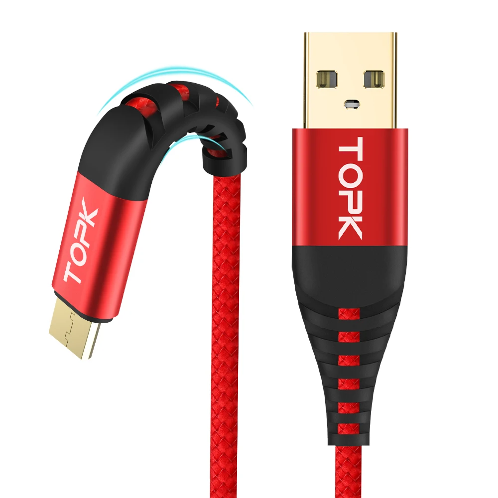 

1M TOPK 2.4A Fasting Charging USB Micro Cable High Tensil Fast Charging Phone Cable for Xiaomi Samsung for Huawei USB 5Pin Cable, Black/red