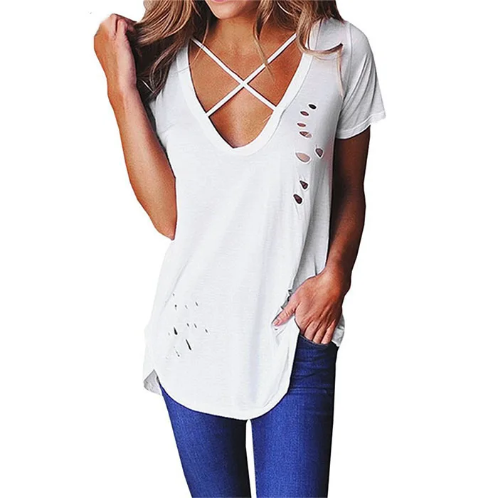 

Sexy ripped tshirt women tee shirts cotton cross front distressed t-shirt short sleeve v neck tee custom