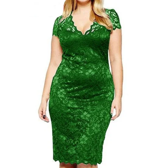 
Plus Big Large Size 5XL Vestidos Scalloped V-neck Lace Career Office Ladies Midi Party Dress 