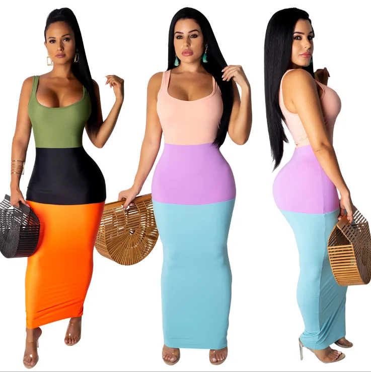 

Sexy Patchwork Skinny Bodycon Dress Women Hit Color Vacation Women Long Dresses Summer Strap Strapless Party Dress Vestidos