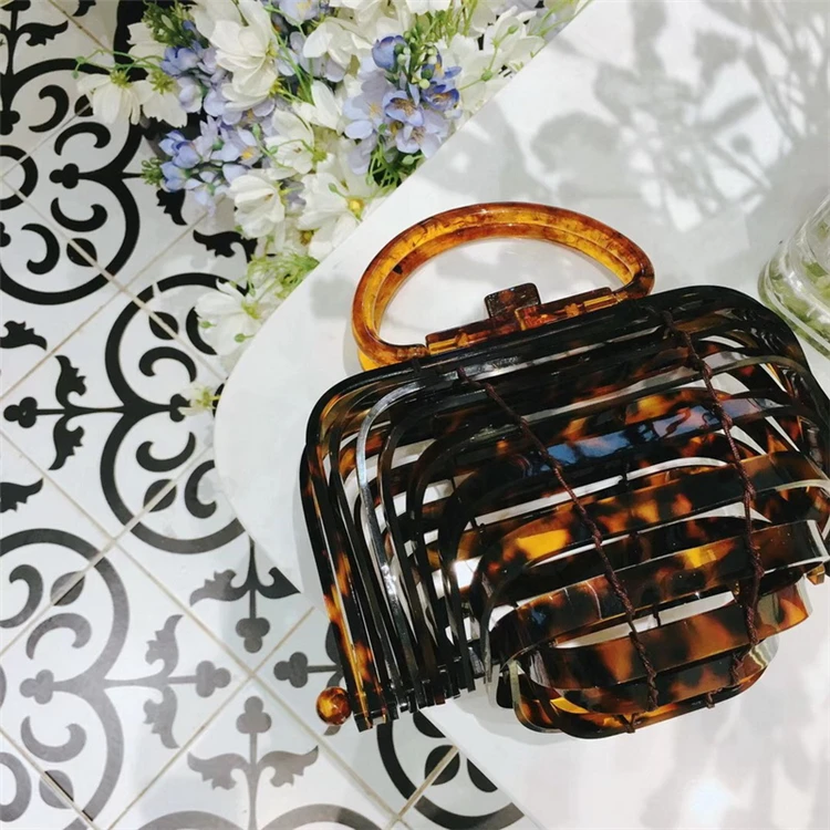 Women Foldable Acrylic Handbag Hollow Out Basket Bird CageTote Ark Bag Hand Woven Bag Bamboo Stitching plastic basket beach bag