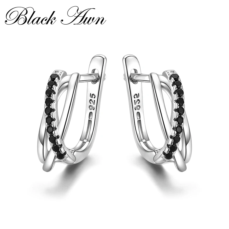 

[BLACK AWN] Trendy 925 Sterling Silver Earrings Flower Black Spinel Wedding Stud Earrings for Women Silver 925 Jewelry I023