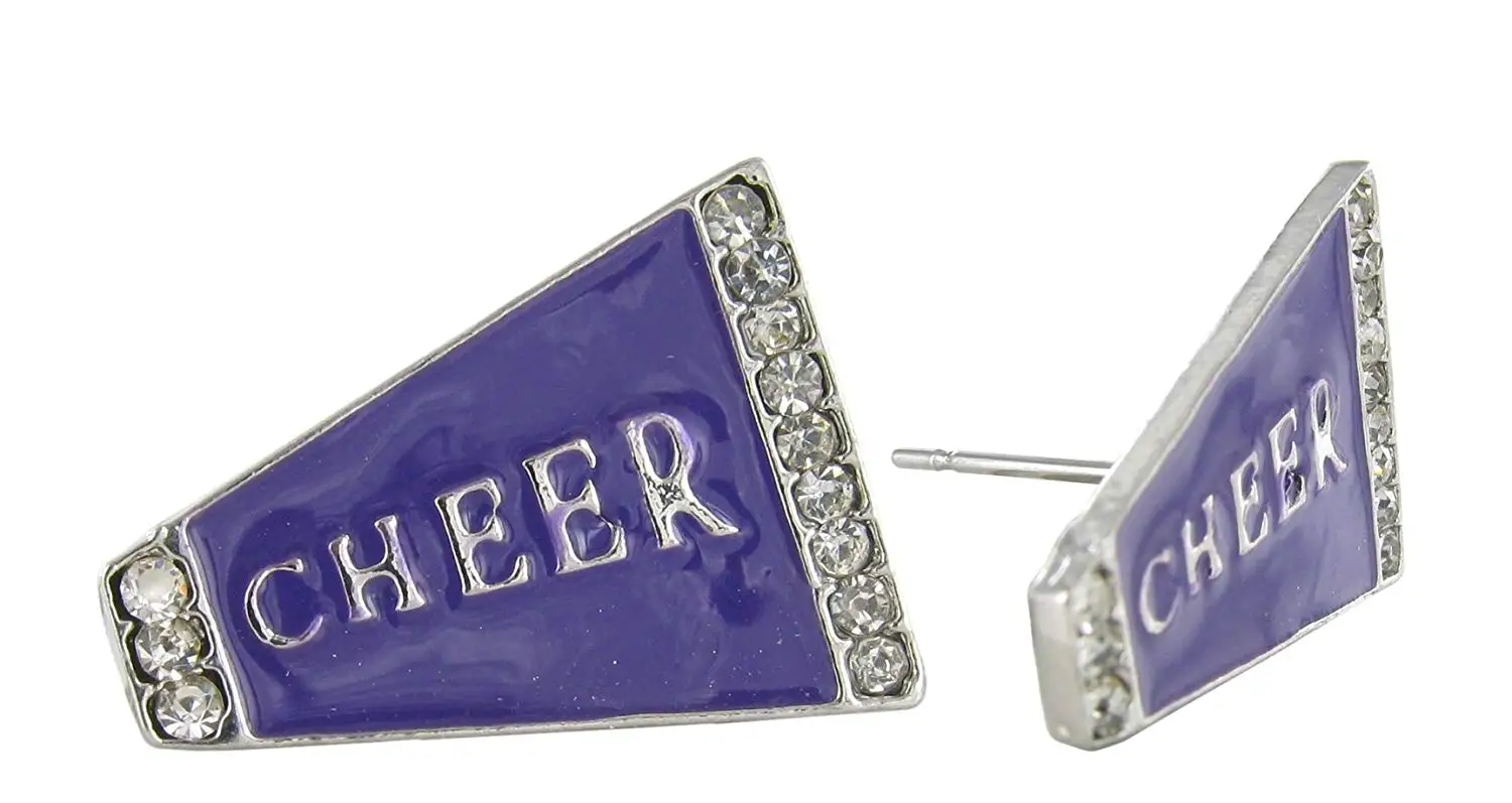 Flat Cheer Megaphone Rhinestone Stud Earrings - Purple Enamel with Clear Crystals