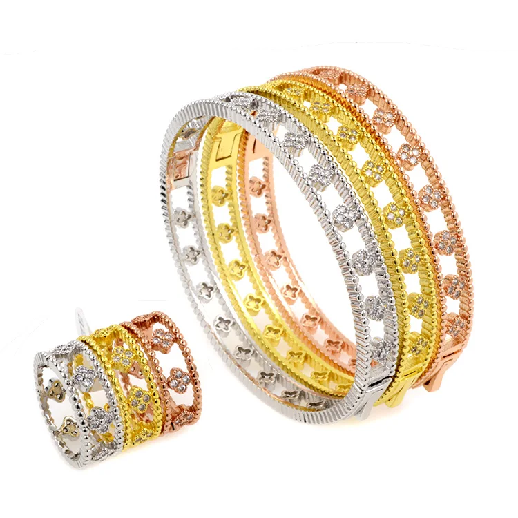 

BG0786 Plum Flower CZ Stone Micro Inlay Copper Material Bangle And Ring Set