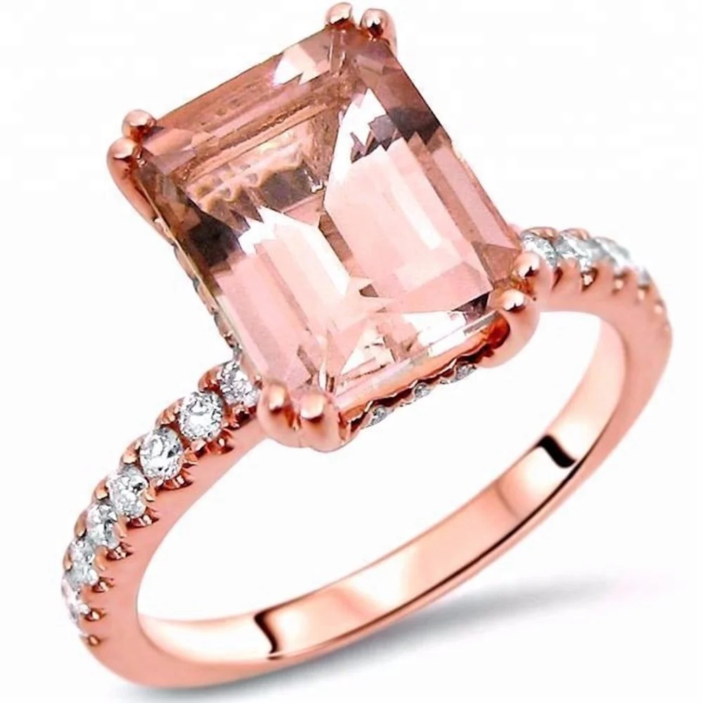 

Fashion Customize Big Square Morganite Stone Fashion Wholesale Rose Gold Plated Silver Morganite Ring for Woman