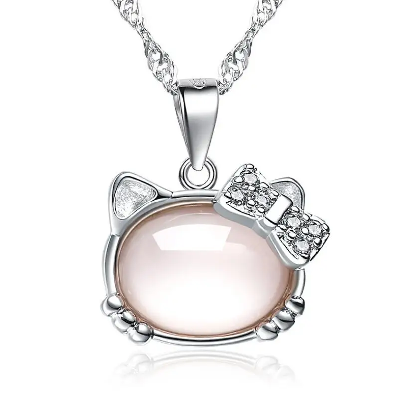 

2019 Rose Quartz Hello Kitty Cat Pendant Necklace Jewelry Wholesale, Gold