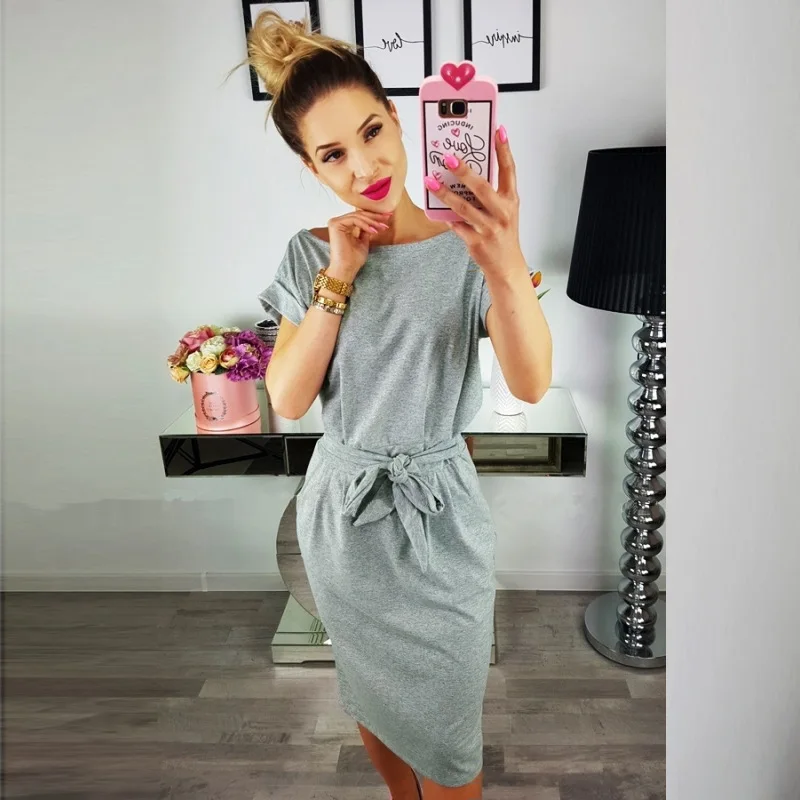 

2018 New Summer Fashion Women Casual Short Sleeve O-Neck Straight Black Gray Blue Dress Loose Plus Size Pocket Cotton Midi Dress, Black /blue /gray
