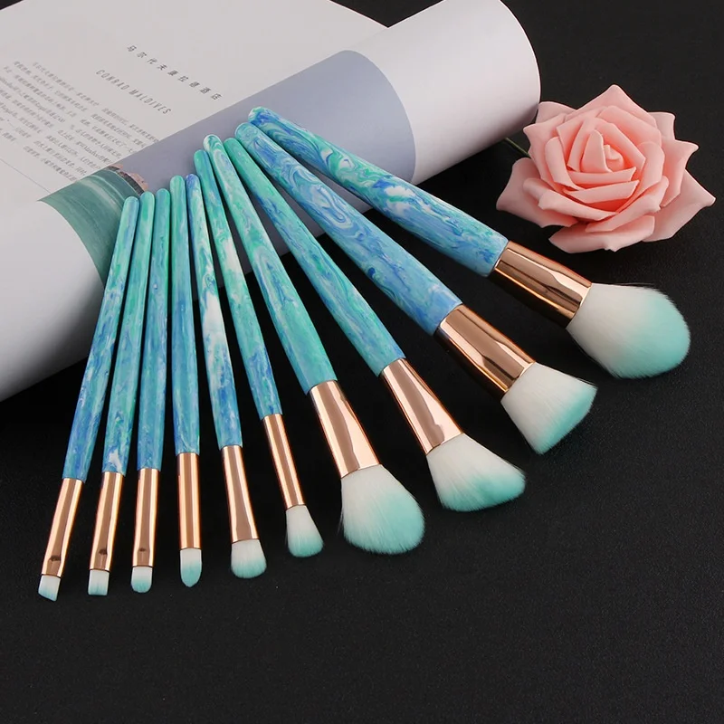 

Cyan Stone Handle 10pcs Plastic Handle Synthetic Hair Makeup Brush Set Cosmetic tools With Private Label