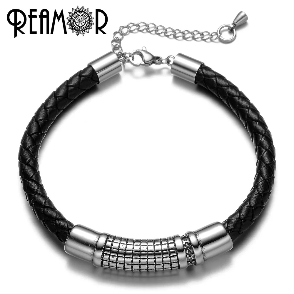 

REAMOR 17-21cm Genuine Braided Leather Men Bracelets 316l Stainless steel Lattice Beads Bangles Fashion Simple Men Jewelry