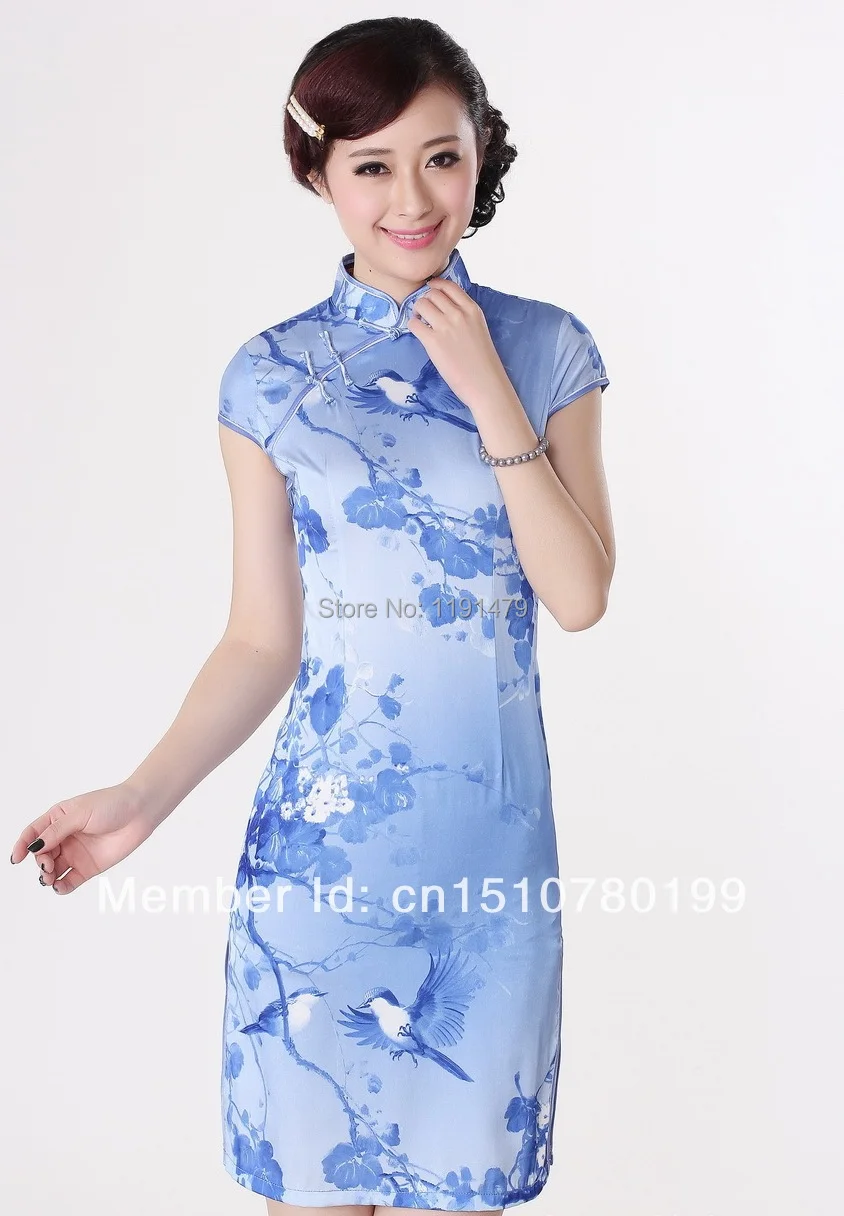 Buy Fashion Light Blue Chinese Womens Silk Rayou Cheong Sam Mini Qipao Dress Flower S M L Xl Xxl Free Shipping In Cheap Price On Alibaba Com