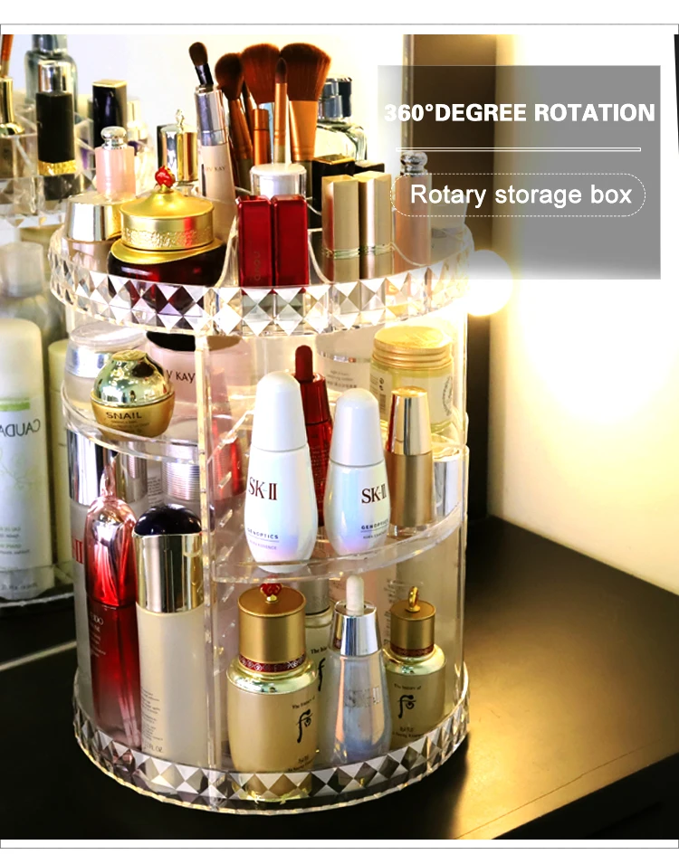 Clear Transparent large 360 degree rotation Cosmetic Storage Box 360 rotating makeup organizer