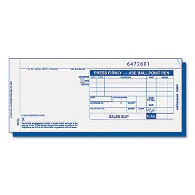 Credit Card Sales Slip, 7 7/8 x 3-1/4, Three-Part Carbonless, 100 Forms, Sold as 100 Set