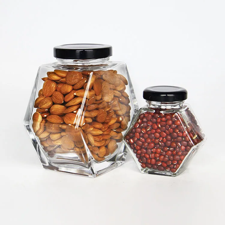 

Small Food Storage Glass Flat Hexagon Glass Jar with Black Metal Lid for Bean Nut, Clear