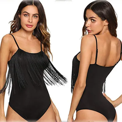 

Sexy black fringed one-piece lingerie