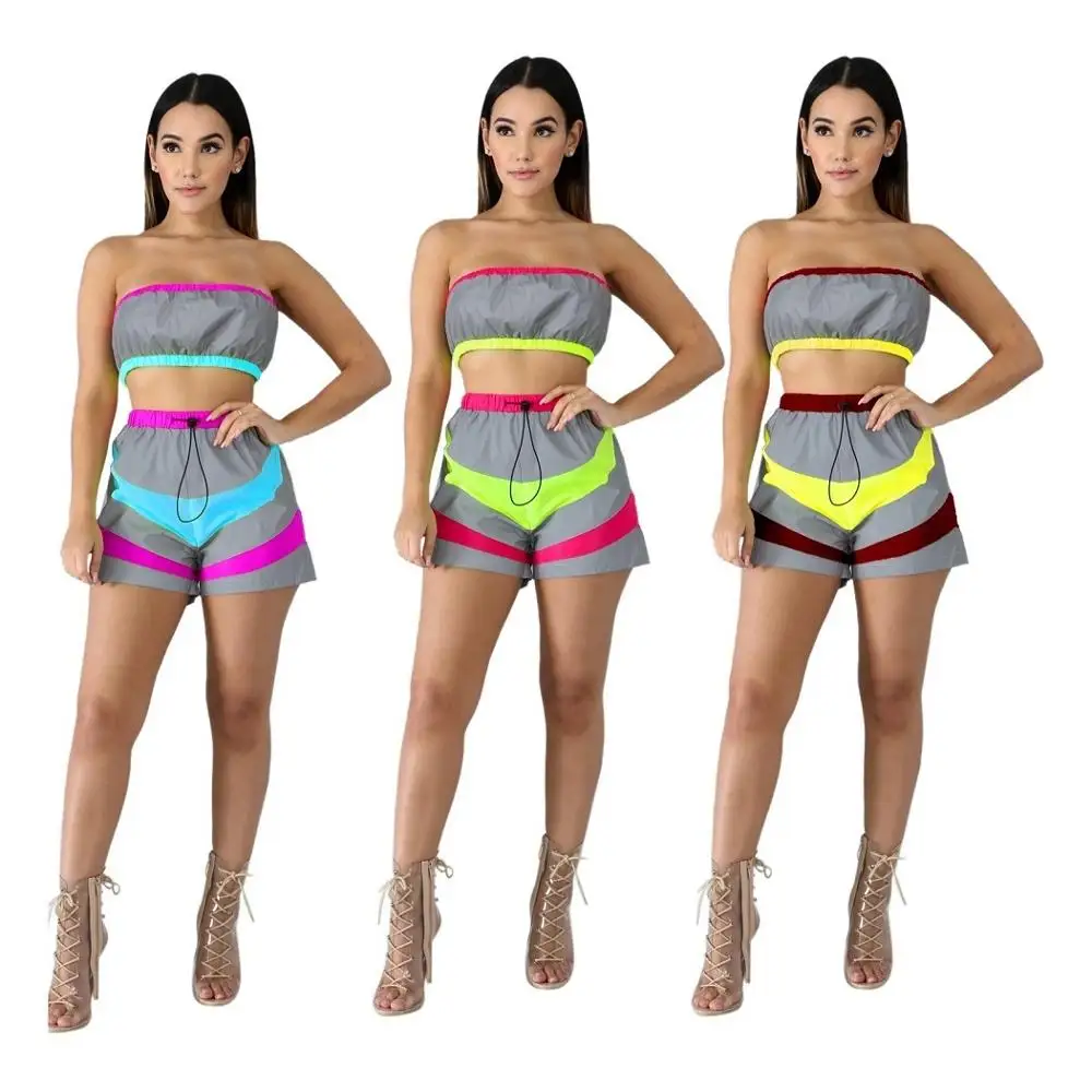 

2019 hot sell LA3097 NEW fashionable women fashion reflective top and shorts 2 piece set clothing