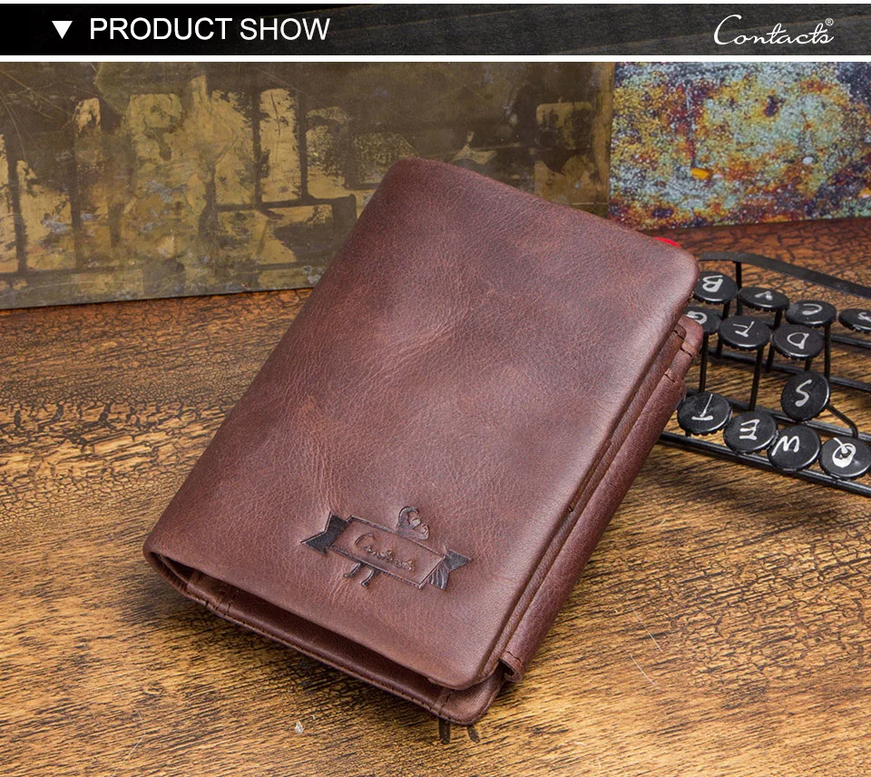 CONTACT'S Male Wallet Guangzhou Brand Vintage Crazy Horse Leather Tri-fold Purse Wallet with Coin Pocket
