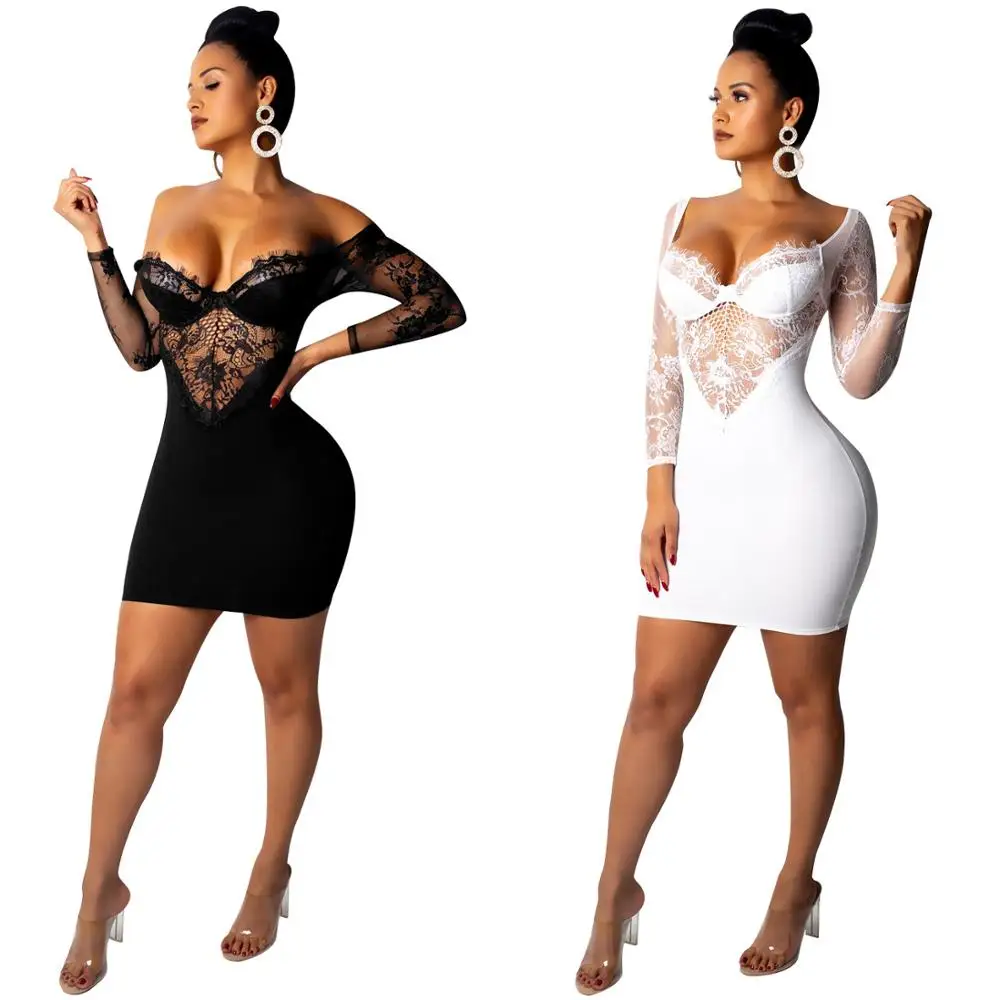 

FM-M878 Women Backless Sexy Lace mesh Ladies Night Club Short Bodycon Evening Party Off Shoulder Lace Dress, As pic