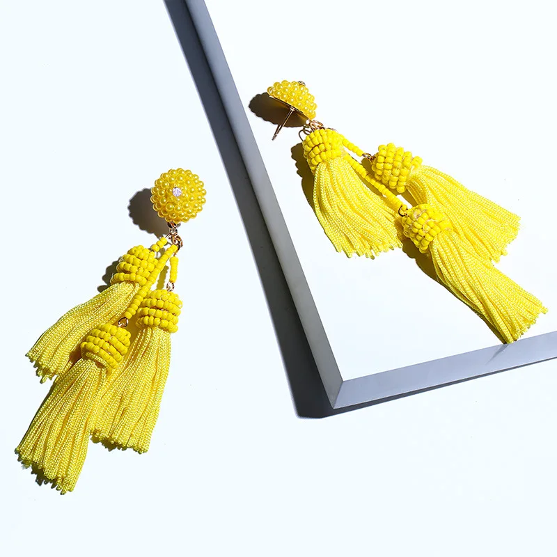 Latest Handmade Layered Pure Color Long Tassel Seed Beads Earrings For Women