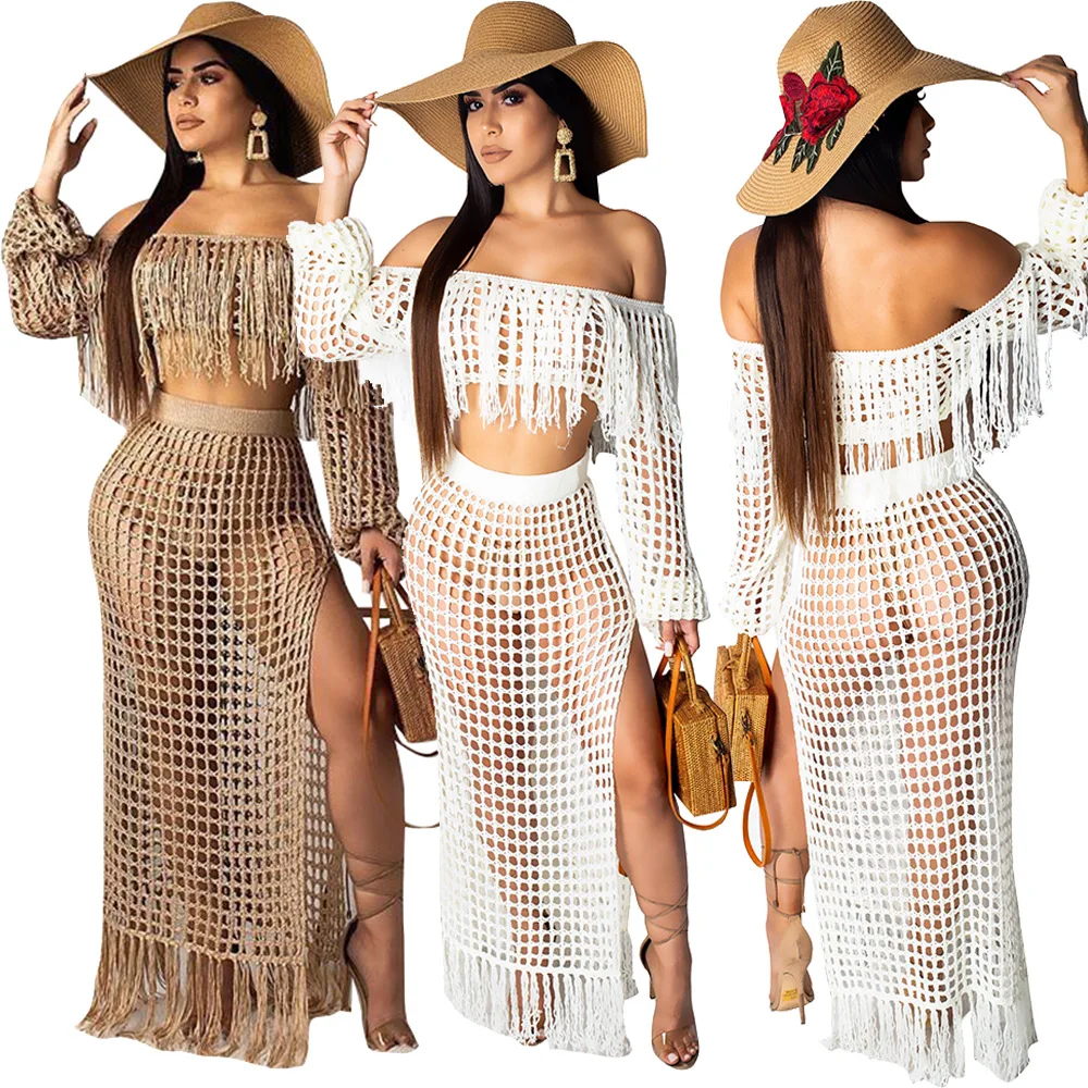 

Sexy Women Off The Shoulder Long Sleeve Tassel 2 Pieces Outfits Bikini Beach Cover Up