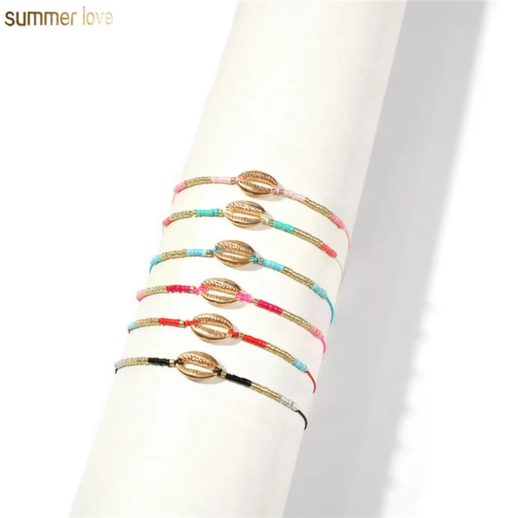 

Hot Sale Boho Summer Colorful Handmade Braided Bead Gold Plated Shell Charm Cowrie Rope Bracelet Anklet Jewelry For Women Men