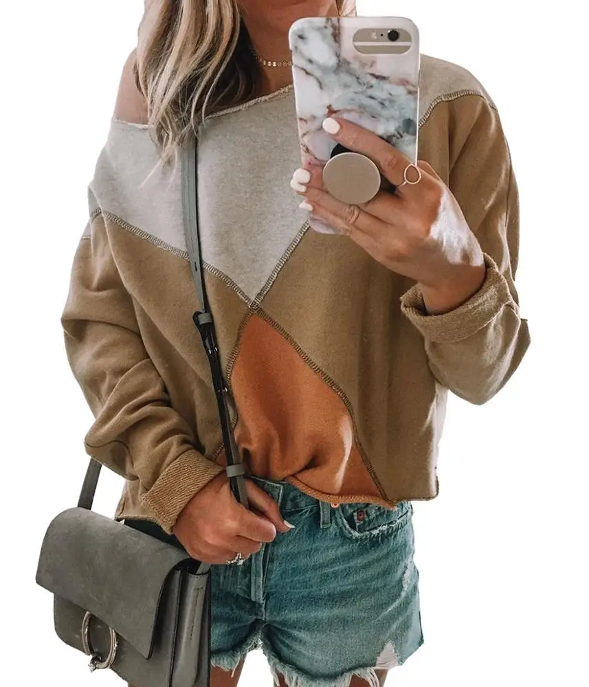 

2018 Custom Women Sweatshirt Tops Sexy Patchwork Color block Long sleeve off Shoulder Crop sweatshirt for ladies, Black;khaki;yellow;purple