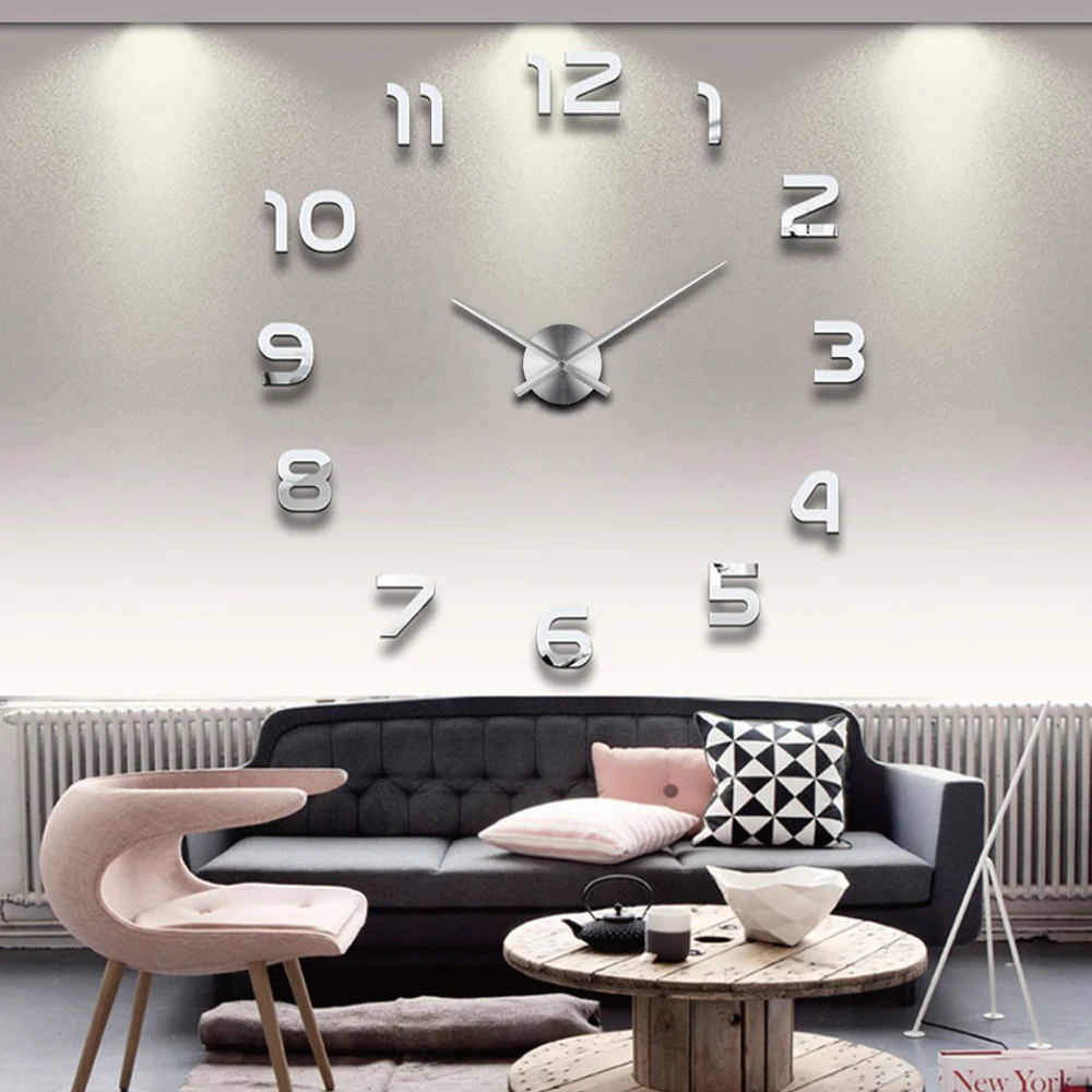 Hot À faire soi-même Horloge Murale Design Moderne 3D Mirror Surface Autocollant Mural Horloge Home Decor