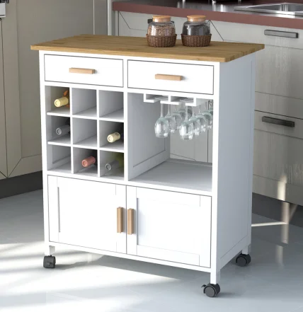 rubber wood top wooden kitchen serving trolley with wheels, white kitchen trolley cart, luxury kitchen island for sale