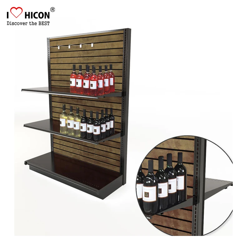 Wine Shop Double Sided Slatwall Laminate Wooden Handmade Retail Wine Display Rack With Signage