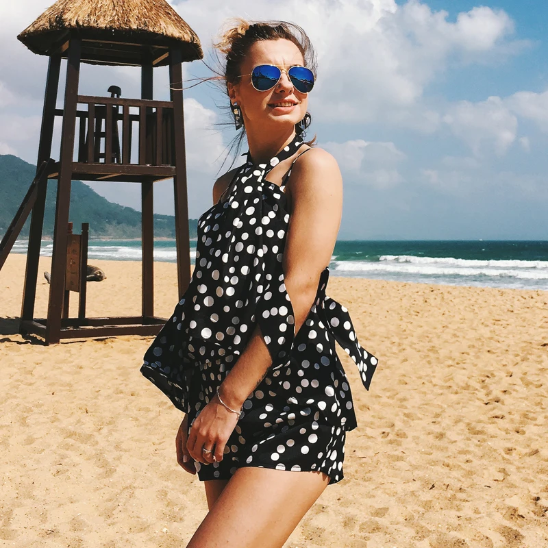 

2018 Amazon EBAY New sexy playsuit Casual Summer Beach Dress women jumpsuits and rompers shorts Black Dot Chiffon Jumpsuit
