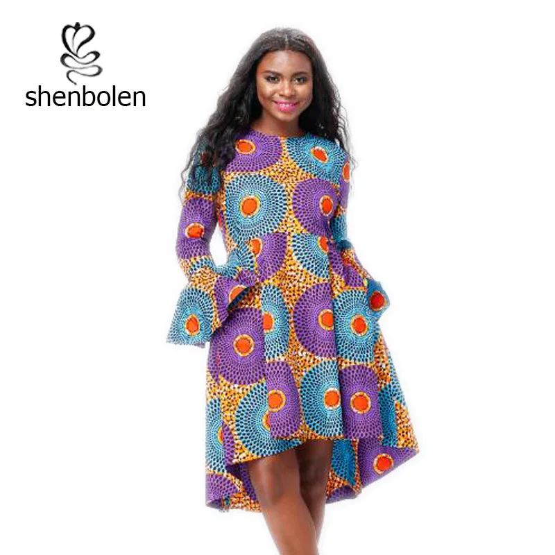 

AM044 Beautiful African Ankara Printed Design Long sleeve Short Dress for Women, Purple;green or customized