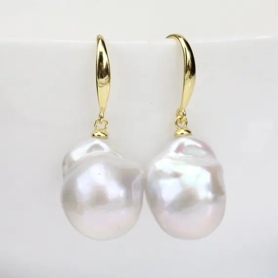 

Large Baroque Pearl Earrings Big Flameball Pearl Earrings White Pearl Earrings, Gold, silver