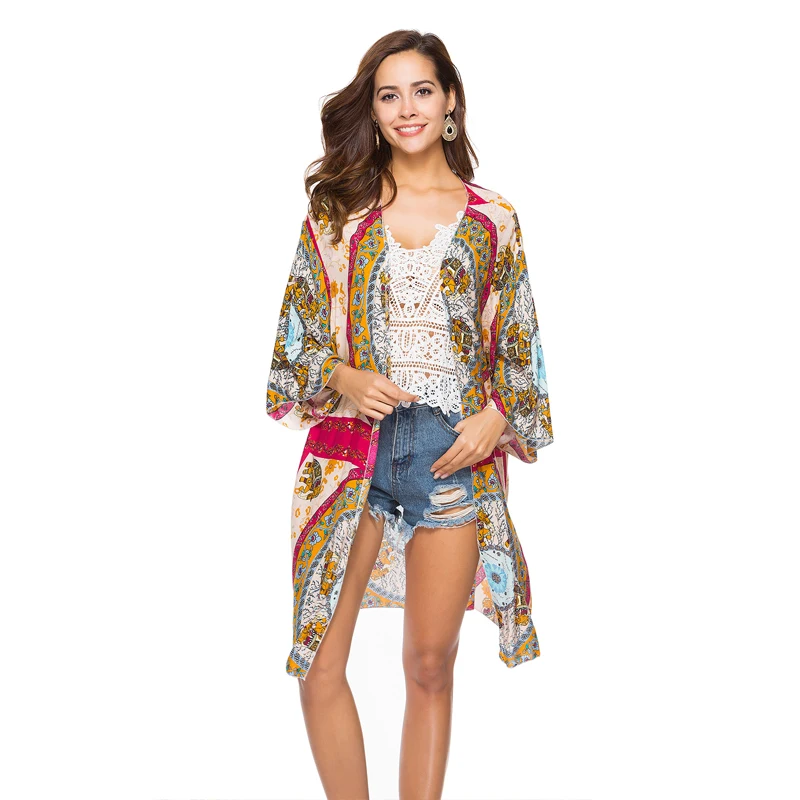 

Women Beach Wear Loose Boho Clothing Latest Design Cardigan, Red floral printing