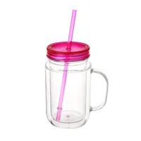 

Double wall plastic mason jar tumbler with straw and handle