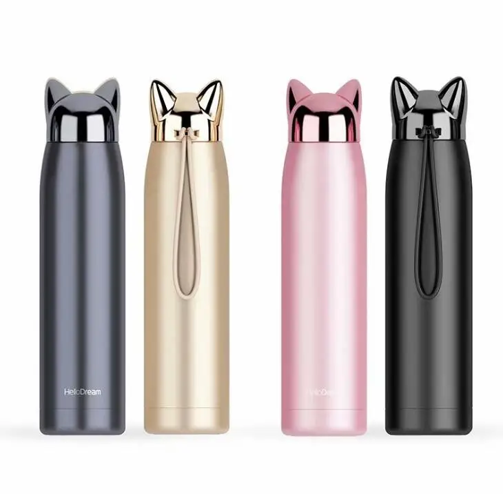 

11oz Double Wall Thermos Bottle Stainless Steel Vacuum Flasks Cute Cat Fox Ear Thermal Coffee Tea Milk Travel Mug, Like picture