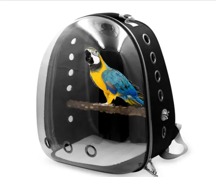 

wholesale bird carrier backpack with pepper wood perch parrot transparent travel cage fast delivery, Customized