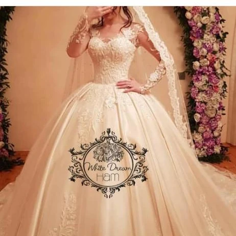 

2019 long sleeves floral lace appliques ball gown arabic wedding dress bridal gown court train