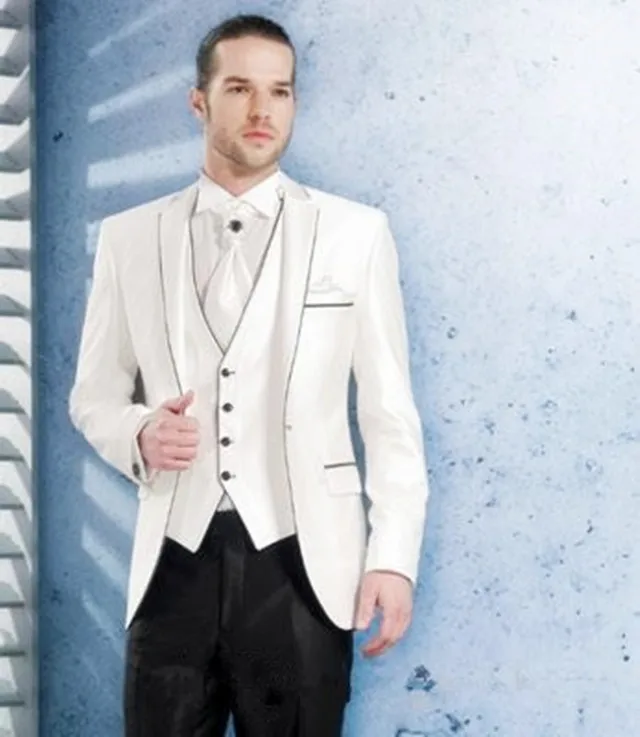 

3 pieces (jacket + pants + vest) custom groom slim fit fashion wedding dress banquet dress men's business suit, White