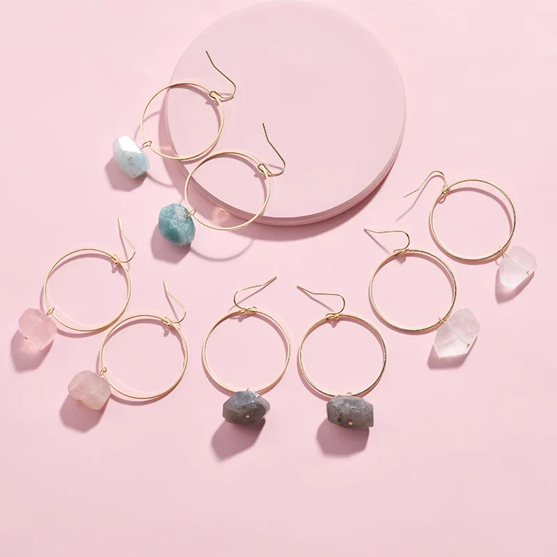 

Amazon Hot Copper Round Hoop Single Stone Irregular Pendant Earrings, As picture