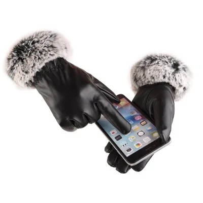 
Waterproof warm PU making ladies touch screen gloves beatuiful KaTu fur at wrist for decorating super quality 