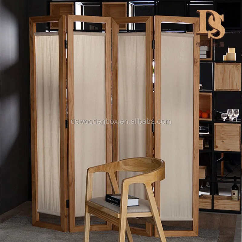 
4 Panel Folding Room Divider With Canvas Inlay Wooden Screen 