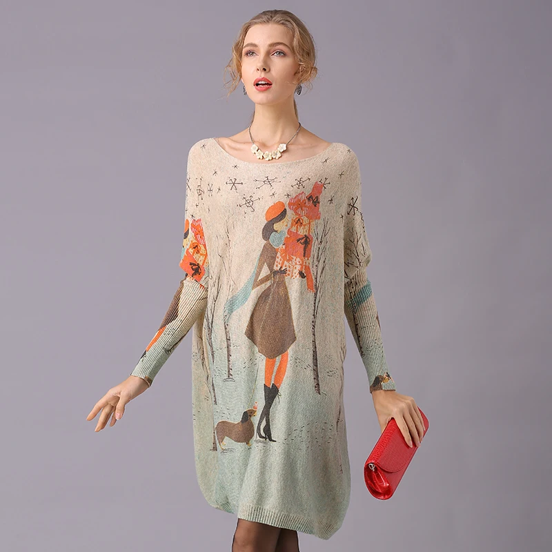 

Women's O-Neck Oversize Batwing Sleeve Hand-painted Digital Screen Print Long Casual Pullover sweater, Apricot/white/gray