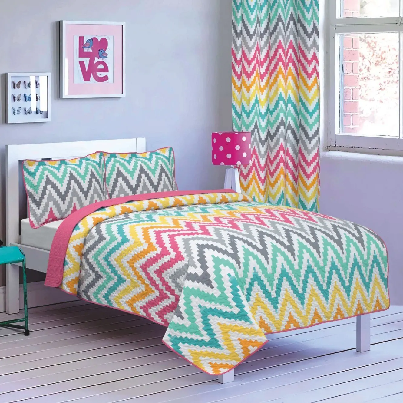 Buy 3 Piece Rainbow Zig Zag Twin Quilt Set Orange Purple Green Yellow Pink Vibrant Colors Chevron Geometric Zigzag Pattern Reversible Bedding For Girls Summer Colorful Themed Pretty Cute Beautiful In Cheap