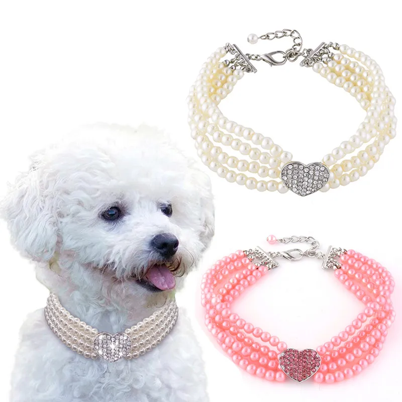 

4 Rows Pearl Dog Heart Necklace Collar Fashion Jeweled Puppy Cat Collar With Bling Rhinestone Dog Pet Accessories Supplies, As show