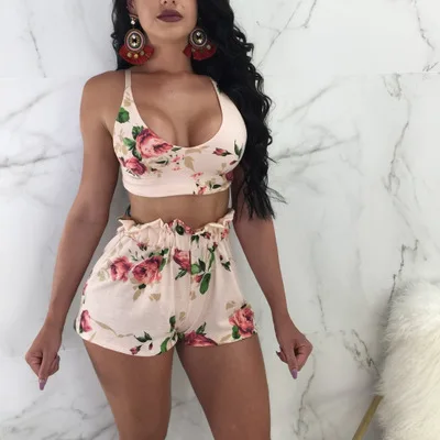 

Two Piece Women Set Women 2021 Summer Floral Print Sexy Tank Crop Top And Shorts Suit Beach Set Female Clothing