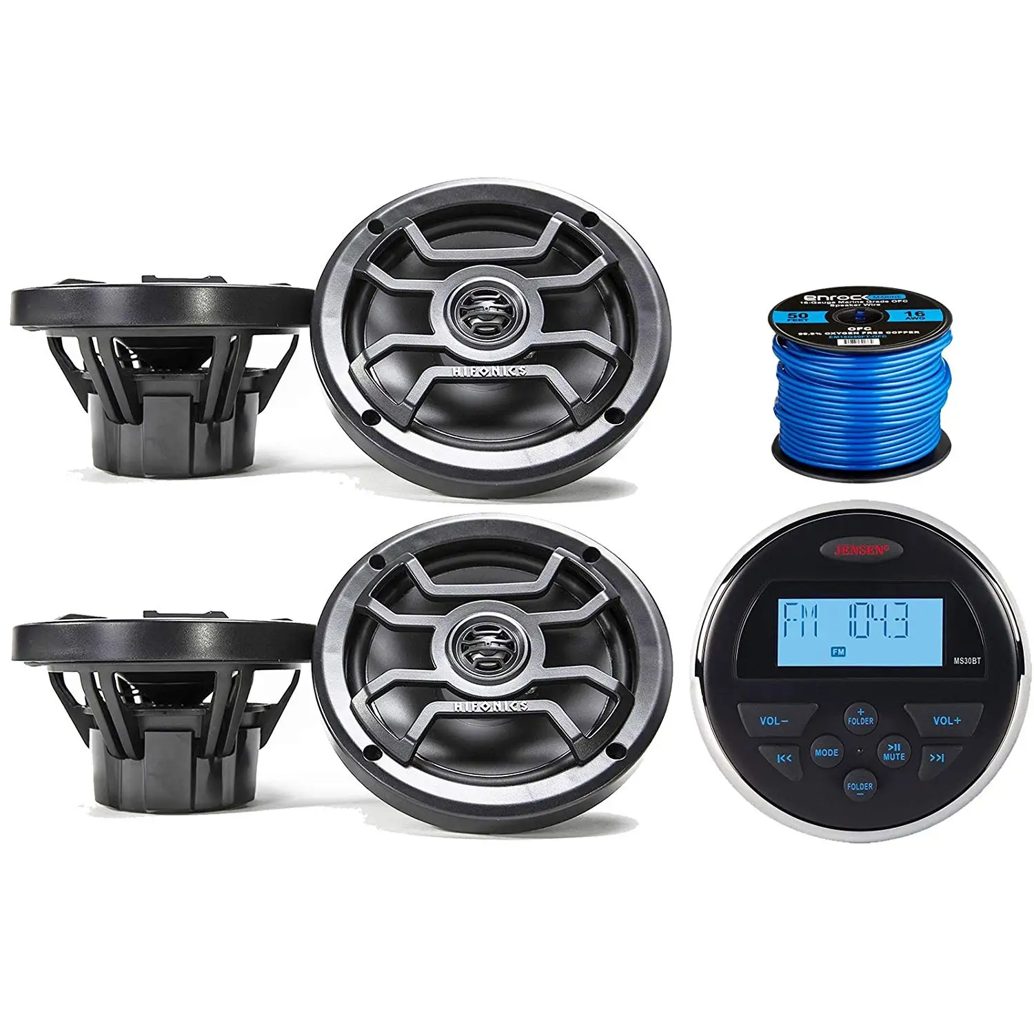 Jensen MS-30BTR Mechless Compact Waterproof Stereo w/Bluetooth & USB Inputs, 4 x Hifonics 6.5" Marine 2-Way Speakers w/Grills (Black), Enrock Marine-Grade 50 Foot 16-Gauge Speaker Wire